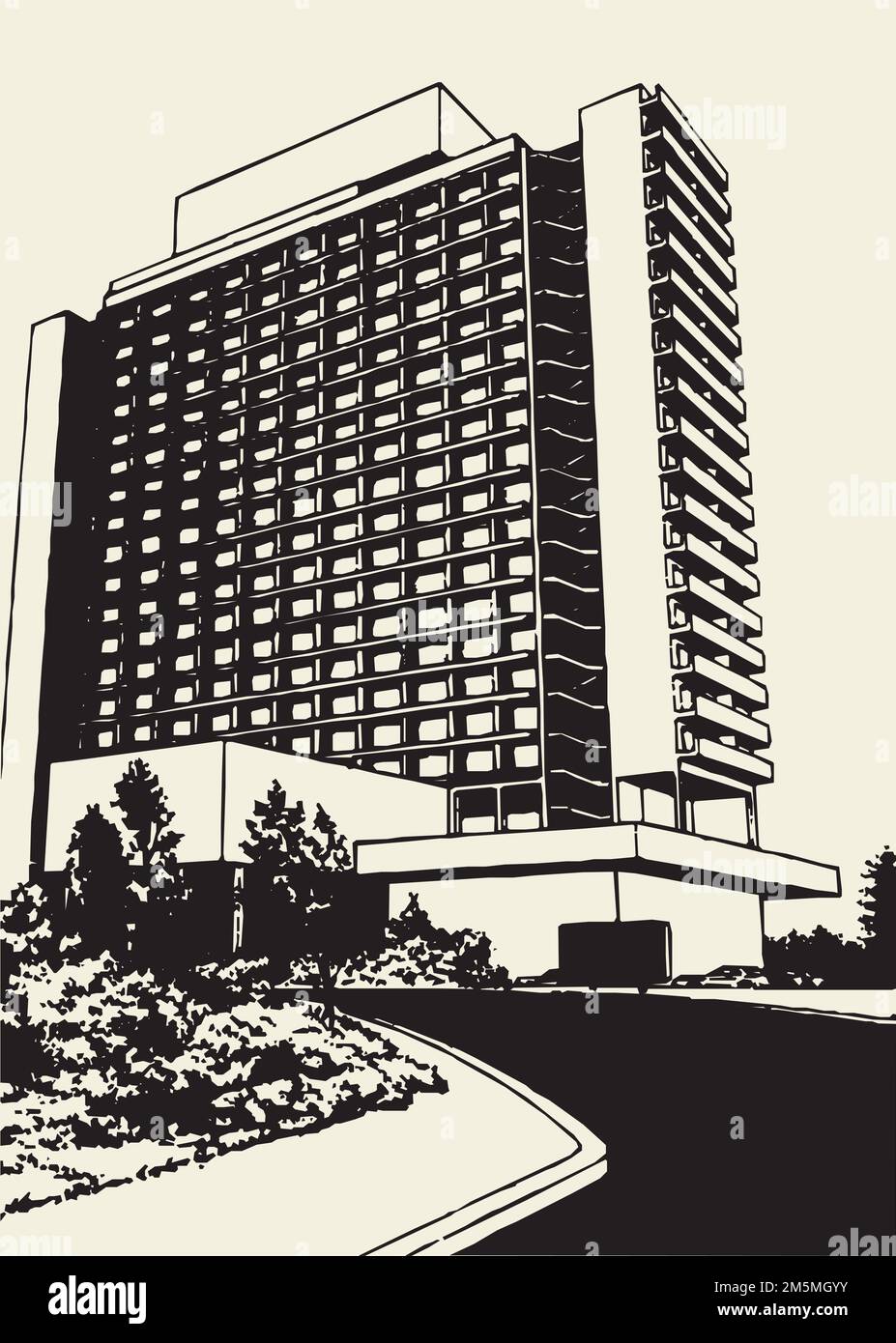 Edificio dell'hotel Vector. Illustrazione su sfondo bianco. Un'illustrazione vettoriale di Un edificio dell'hotel. Illustrazione Vettoriale