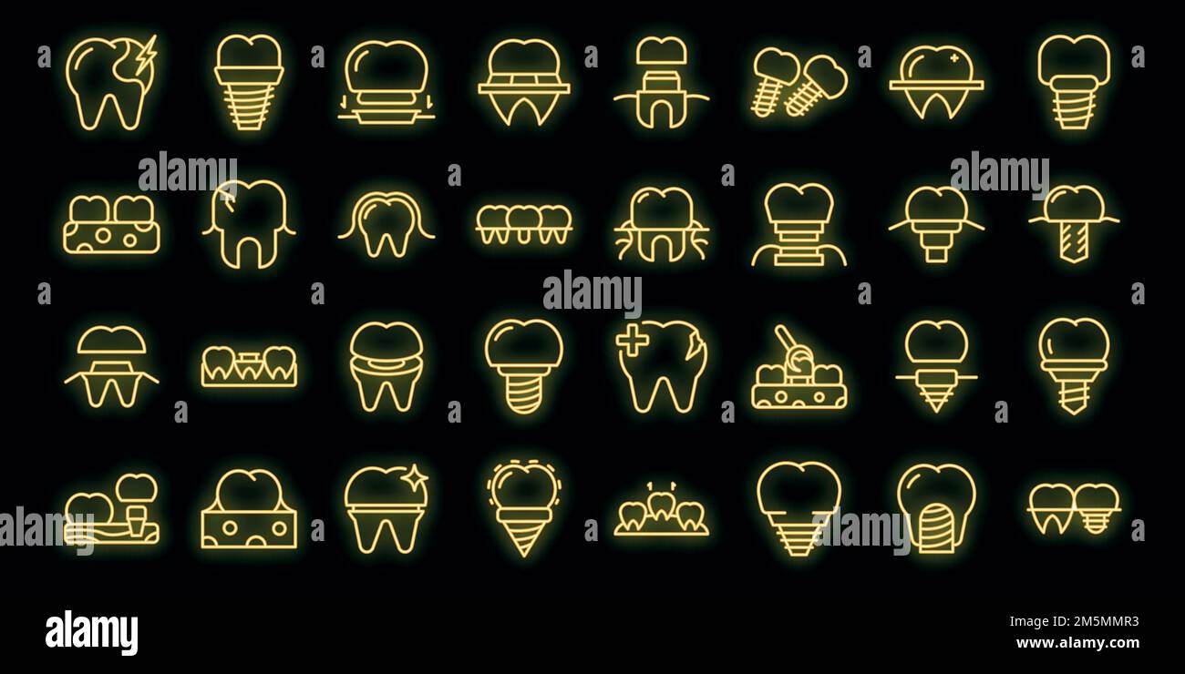 Le icone dell'impianto dentale impostano il vettore di contorno. Mandibola chirurgica. Vite per medicinali Illustrazione Vettoriale