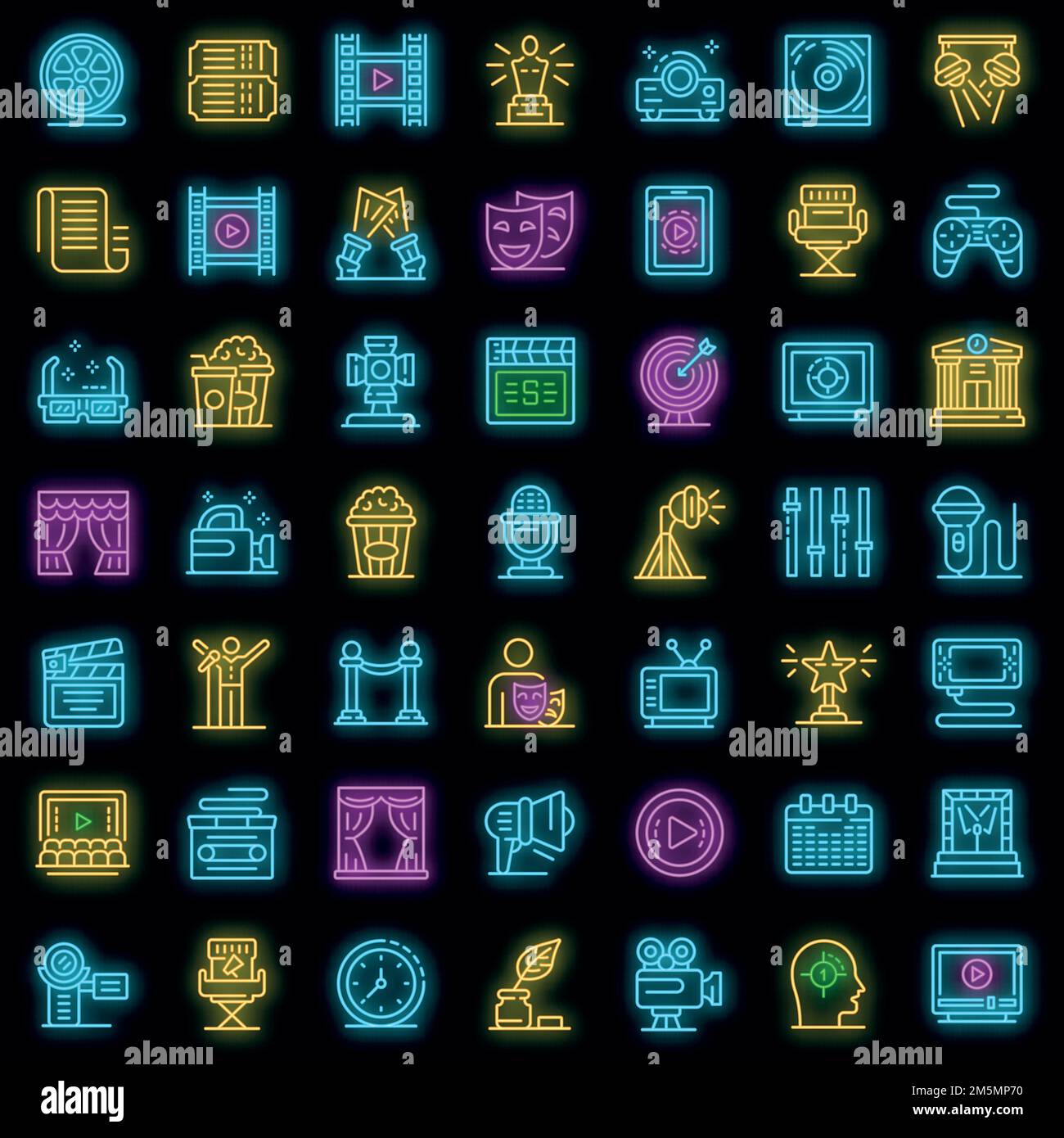 Set di icone sceniche. Contorno insieme di icone vettoriali di regia di scena colore neon su nero Illustrazione Vettoriale