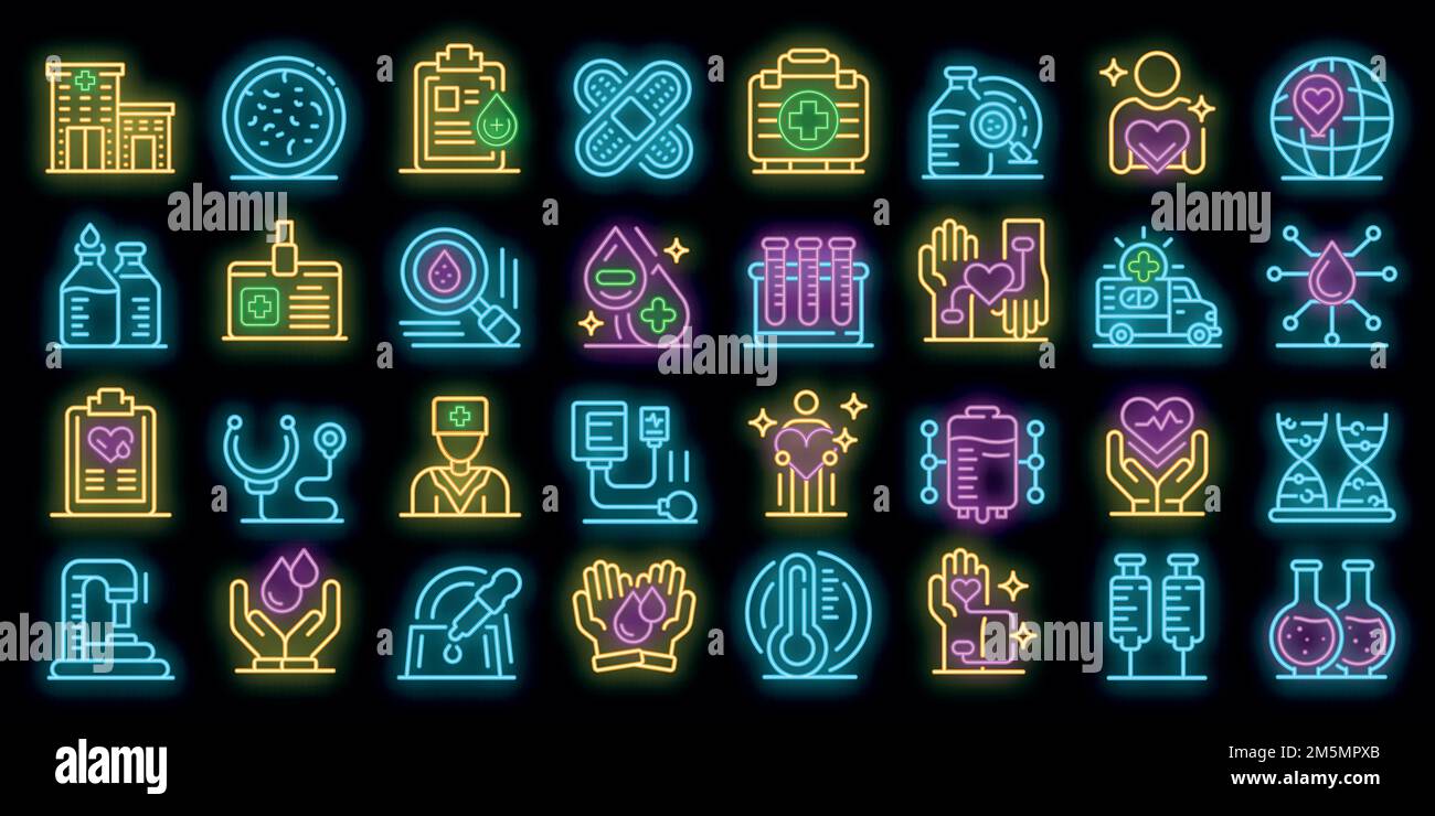 Set di icone per la donazione di sangue. Contorno insieme di icone vettore donazione sangue colore neon su nero Illustrazione Vettoriale