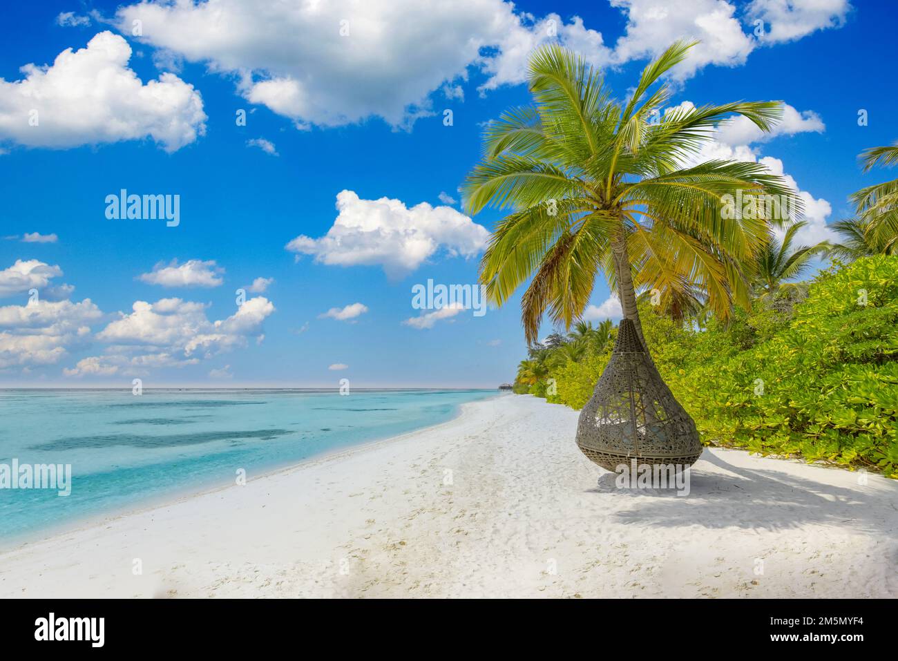 Spiaggia tropicale come paesaggio estivo con altalena o amaca. Felice idilliaco cielo blu, la palma di sabbia lascia tranquilla spiaggia di mare. Coppia romanticismo Foto Stock