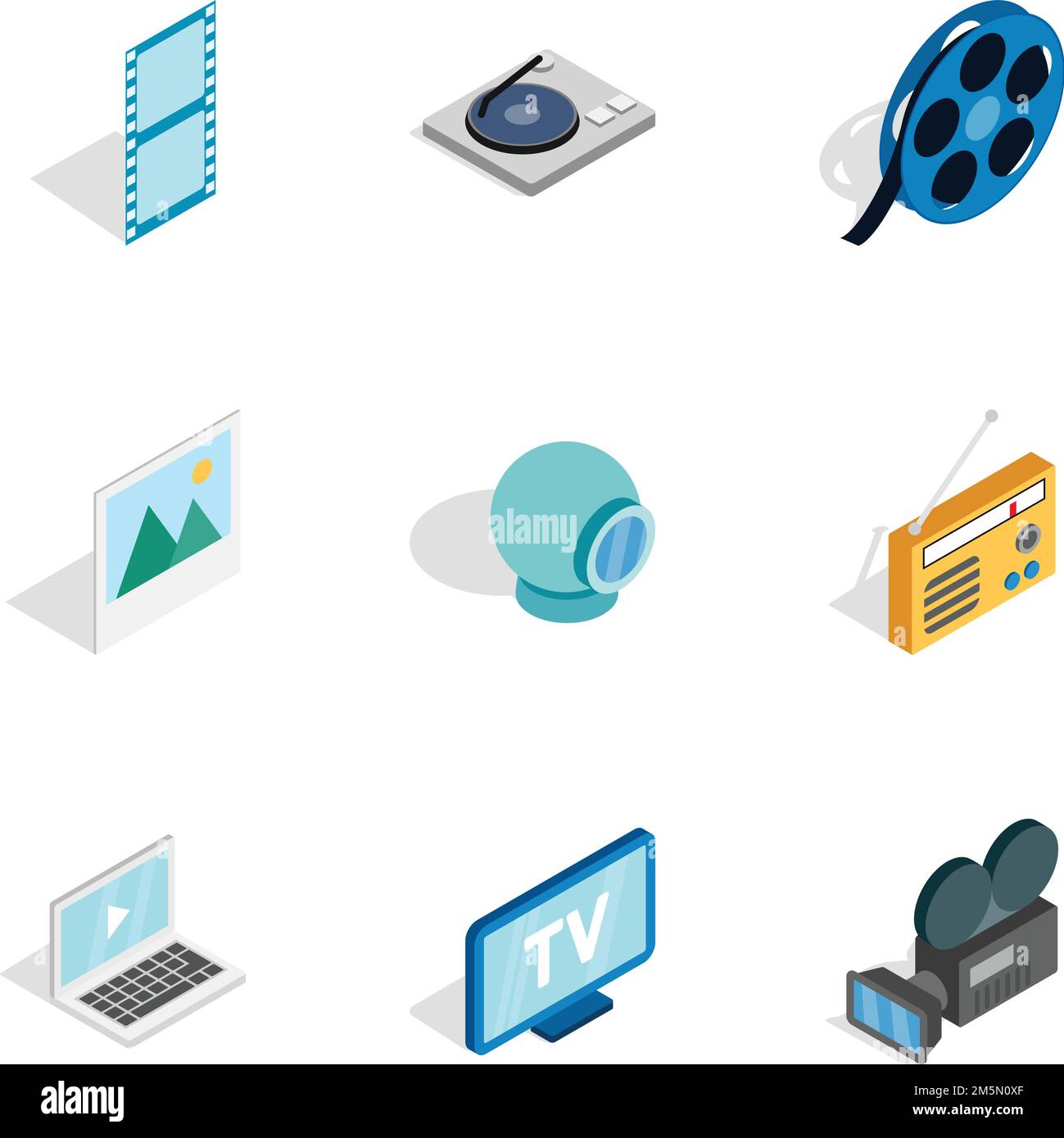 Icone audio e video impostate. Immagine isometrica 3D di 9 icone vettoriali audio e video per il Web Illustrazione Vettoriale