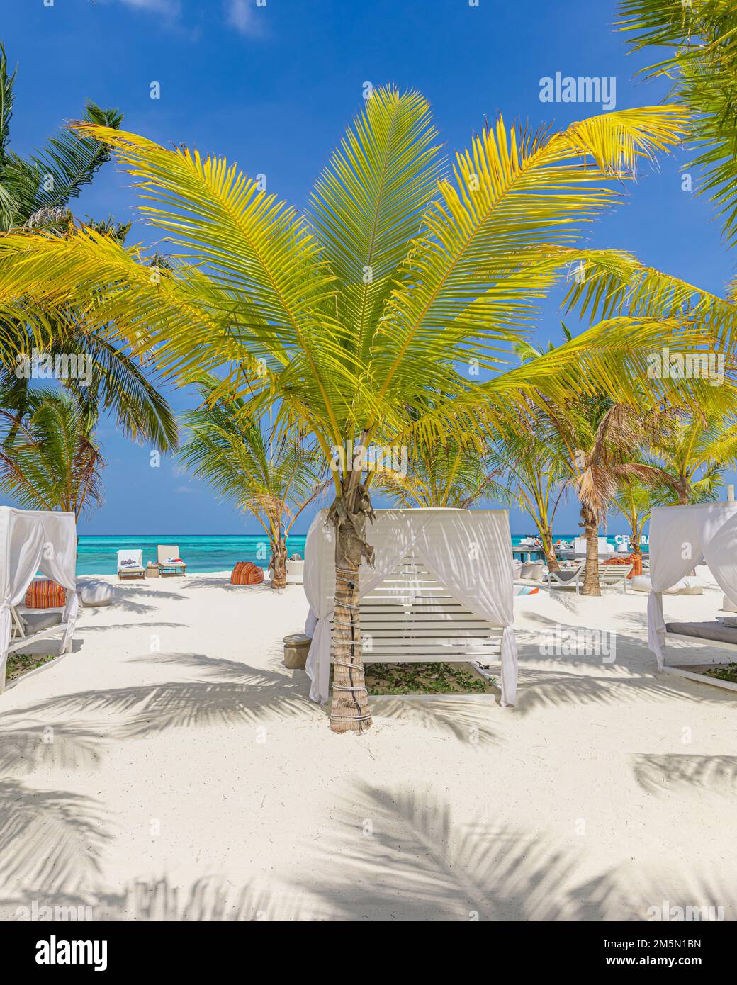 Fuori lounging scenico, baldacchino e sedie relax vacanza spiaggia bar blu paradiso cielo mare e albero di cocco in viaggio facile lento fresco Foto Stock