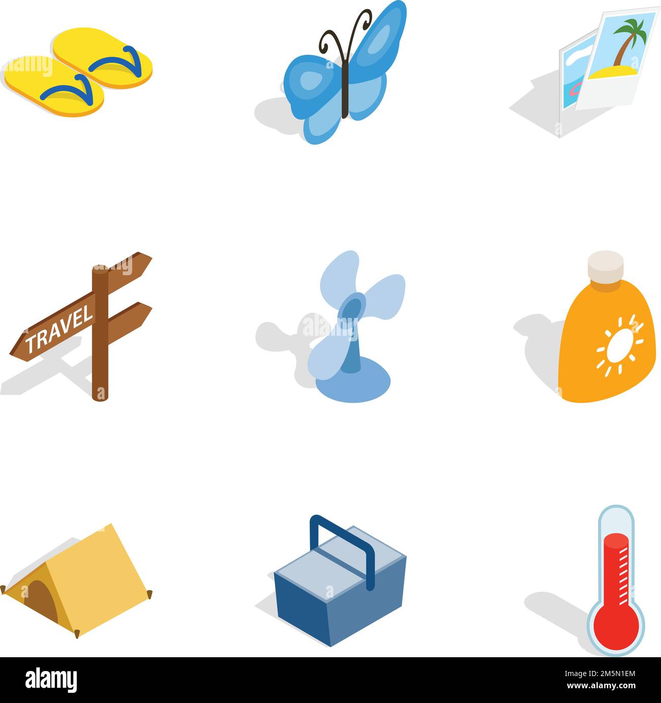 Icone delle vacanze al mare impostate. Immagine isometrica 3D di 9 icone vettoriali per le vacanze in spiaggia per il web Illustrazione Vettoriale