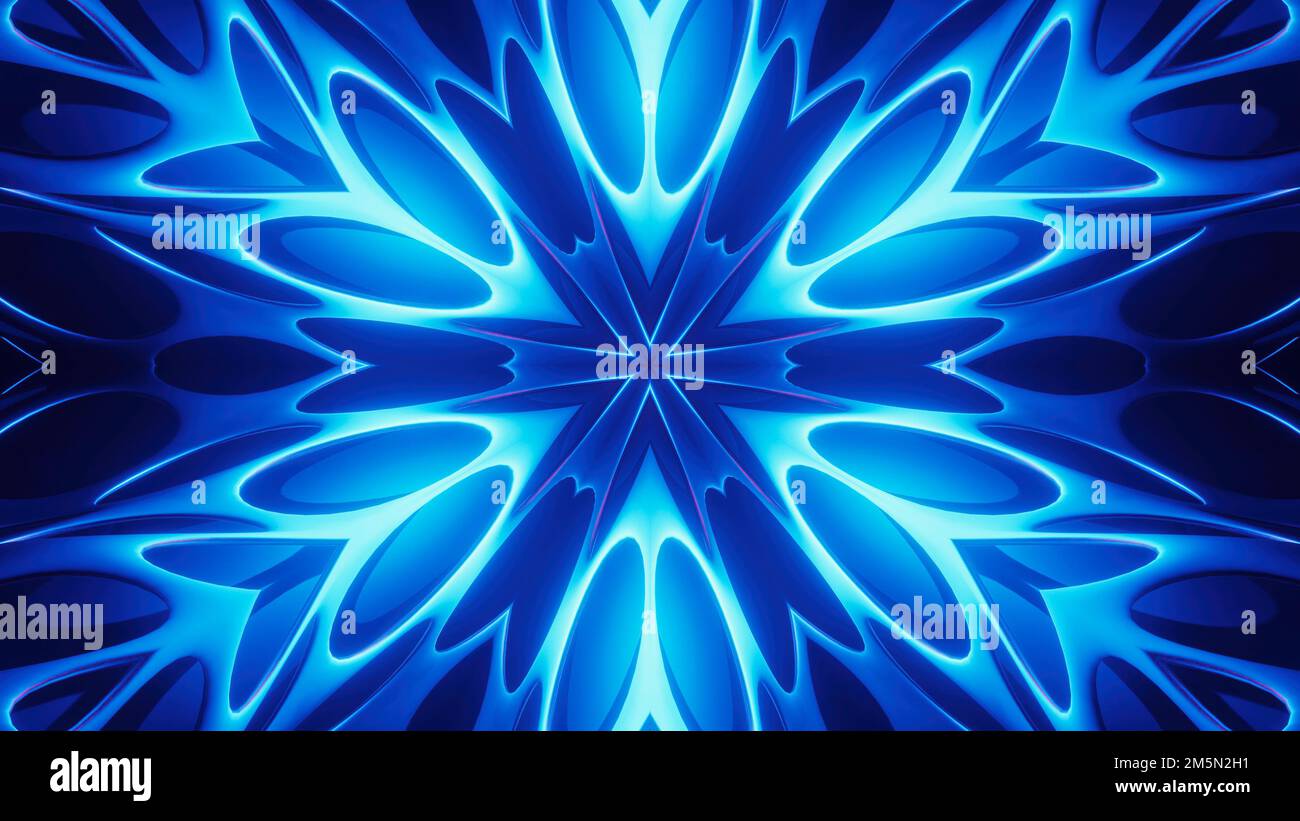 Astratto simmetrico moderno caleidoscopio sfondo di colore blu. Motivo floreale di mandala Foto Stock