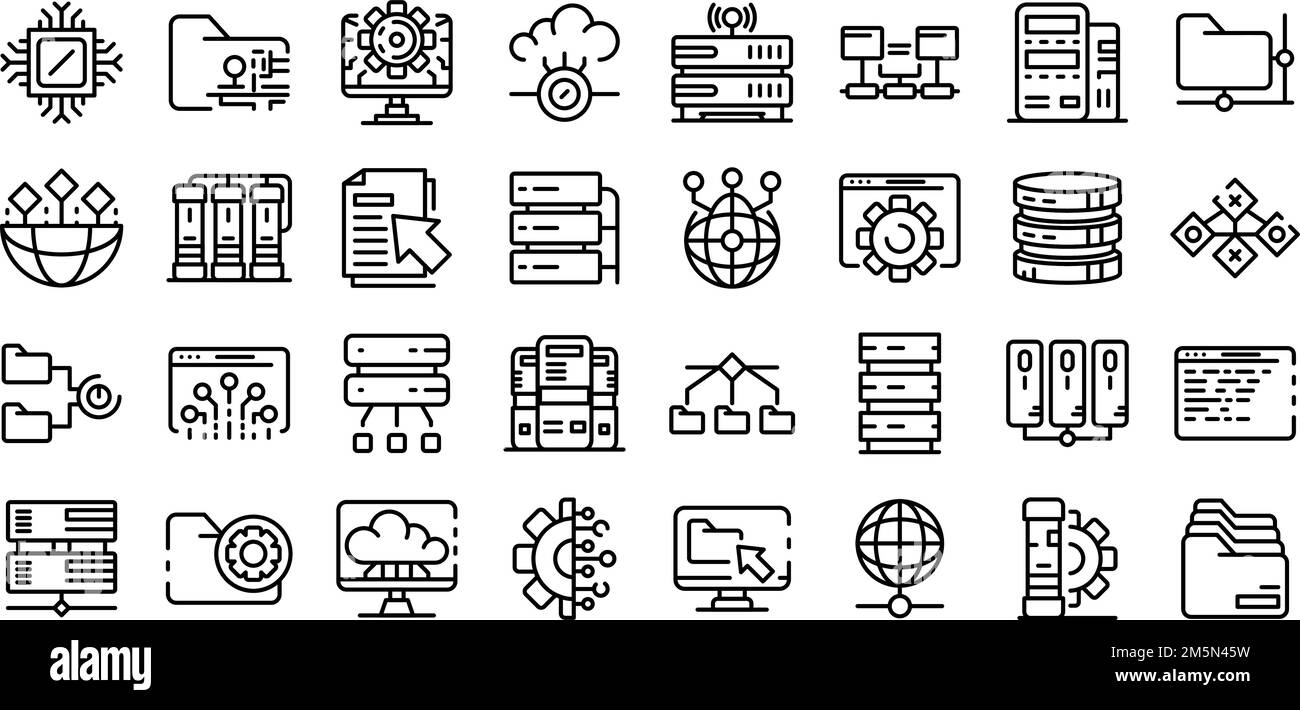 Il centro dati di set di icone. Set di contorno del centro dati icone vettoriali per il web design isolato su sfondo bianco Illustrazione Vettoriale
