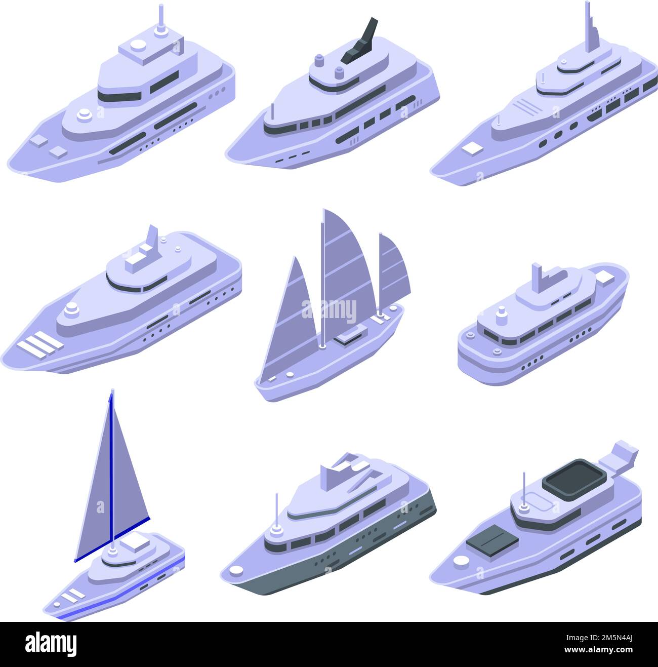 Icone yacht impostate. Set isometrico di icone vettoriali di yacht per web design isolato su sfondo bianco Illustrazione Vettoriale