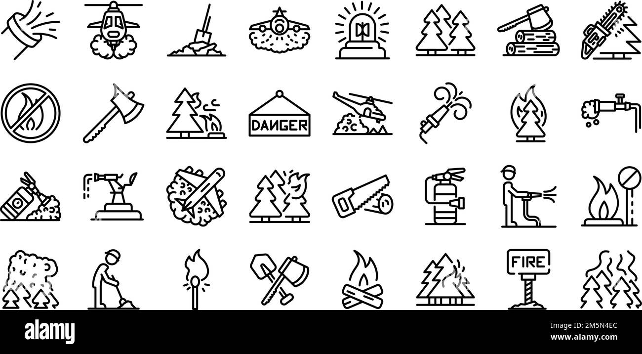 Set di icone Wildfire. Contorno di icone vettoriali wildfire per web design isolato su sfondo bianco Illustrazione Vettoriale