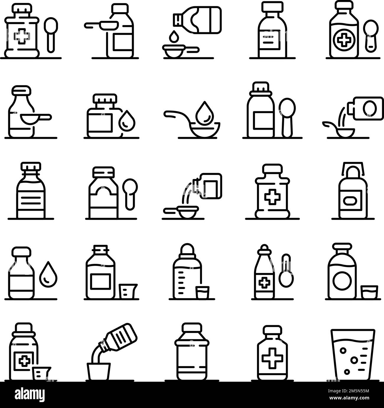 Icone sciroppo tosse impostate. Contorno insieme di icone vettoriali di sciroppo di tosse per web design isolato su sfondo bianco Illustrazione Vettoriale