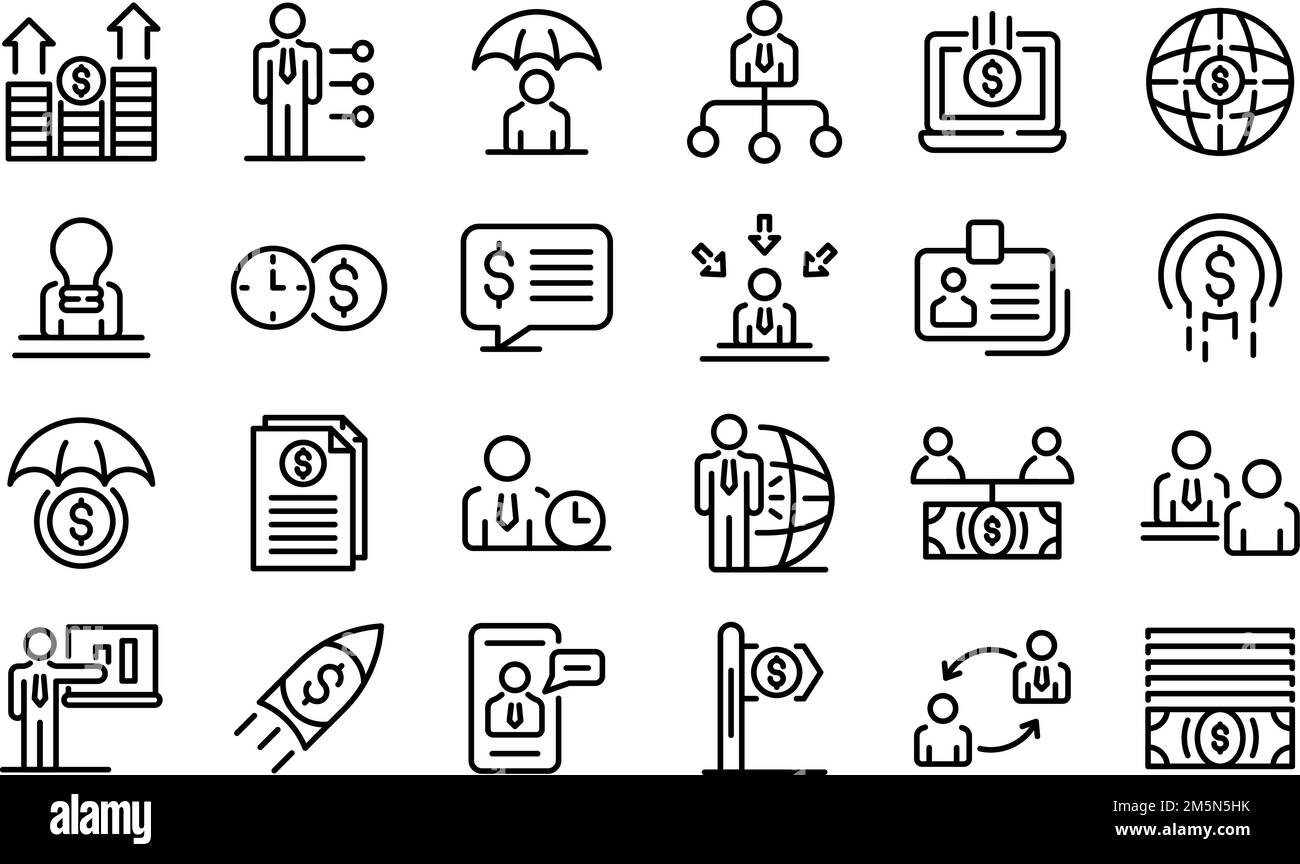 Set di icone per consulenti finanziari. Set di profili di icone vettoriali di consulenti finanziari per il web design isolato su sfondo bianco Illustrazione Vettoriale