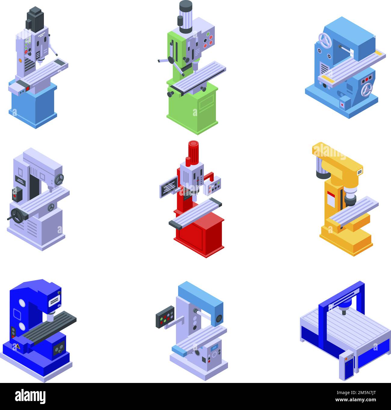 Set di icone della fresatrice. Set isometrico di icone vettoriali per macchine fresatrici per web design isolate su sfondo bianco Illustrazione Vettoriale