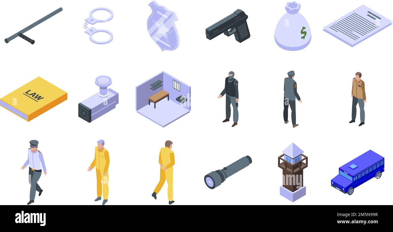Set di icone di prigione. Set isometrico di icone vettoriali di prigione per web design isolato su sfondo bianco Illustrazione Vettoriale