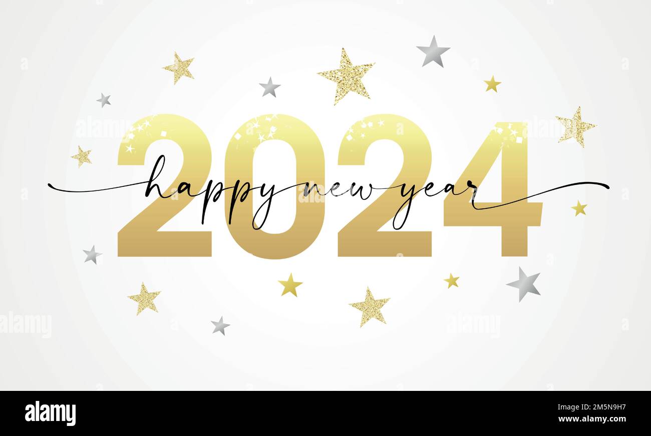 Buon anno nuovo 2024 scritta e glitter d'oro delle stelle. Modello di design di lusso numero 2024. Simboli del nuovo anno 2024. Cifre creative del vettore Illustrazione Vettoriale