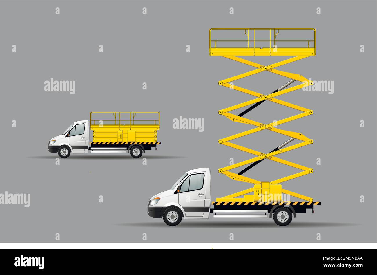 Una serie di immagini vettoriali di un sollevatore a forbice sul telaio di un'auto in posizione di trasporto e di lavoro. Illustrazione Vettoriale