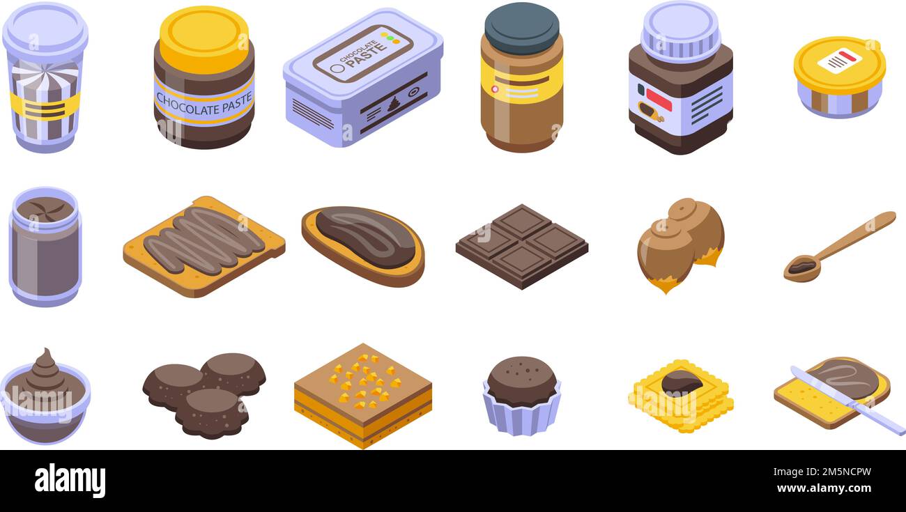 Set di icone di pasta di cioccolato. Set isometrico di icone vettoriali di pasta di cioccolato per web design isolato su sfondo bianco Illustrazione Vettoriale