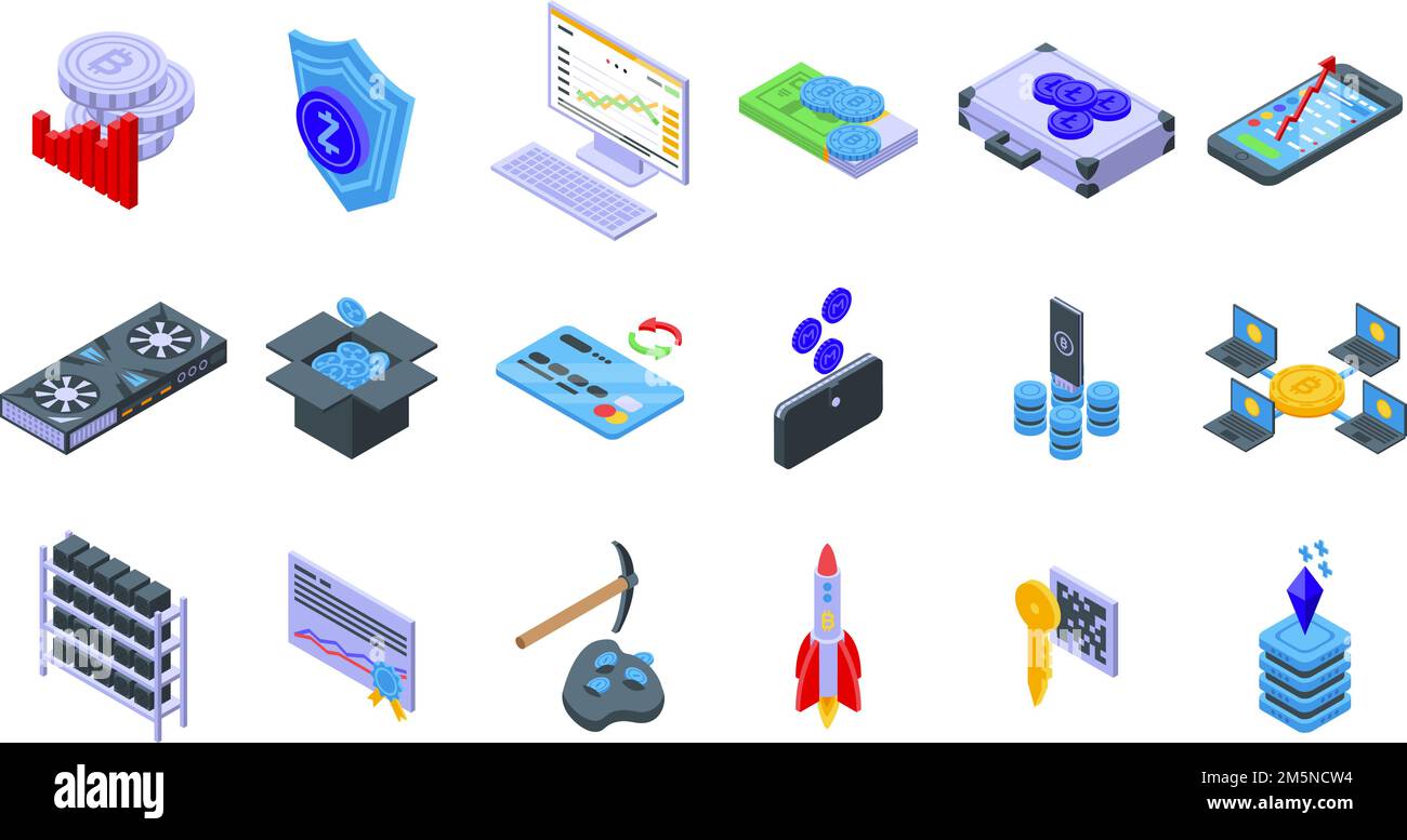 Set di icone di criptovaluta. Set isometrico di icone vettoriali di criptovaluta per il web design isolato su sfondo bianco Illustrazione Vettoriale
