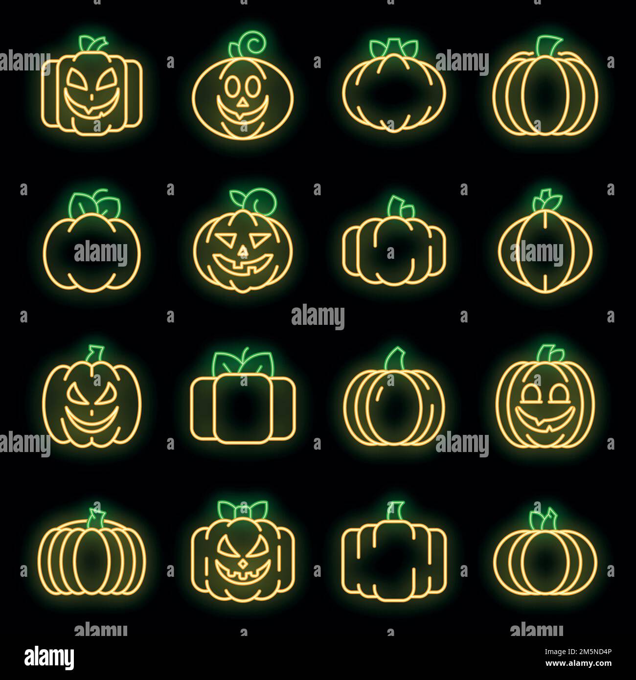 Set di icone di zucca. Contorno insieme di icone vettoriali di zucca colore neon su nero Illustrazione Vettoriale