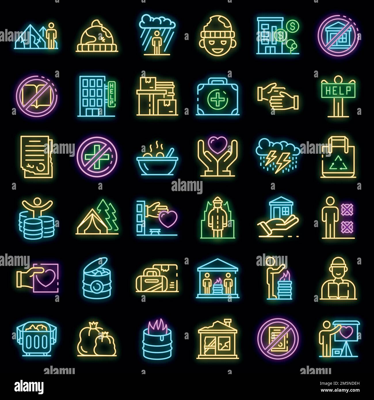 Set di icone di rifugio per i senzatetto. Contorno insieme di icone vettoriali per i senza tetto colore neon su nero Illustrazione Vettoriale