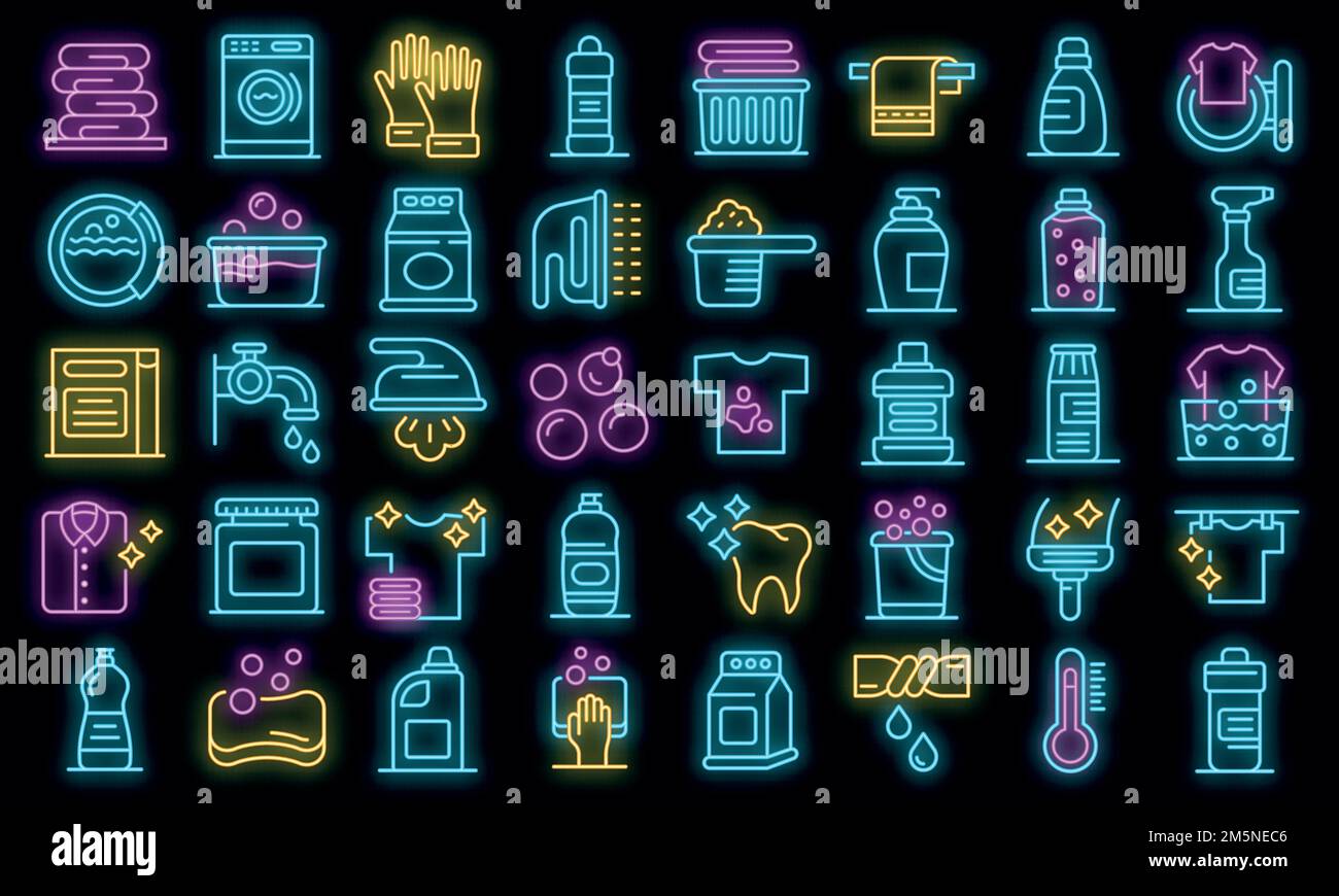 Set di icone di candeggina. Contorno insieme di icone vettoriali di candeggina colore neon su nero Illustrazione Vettoriale