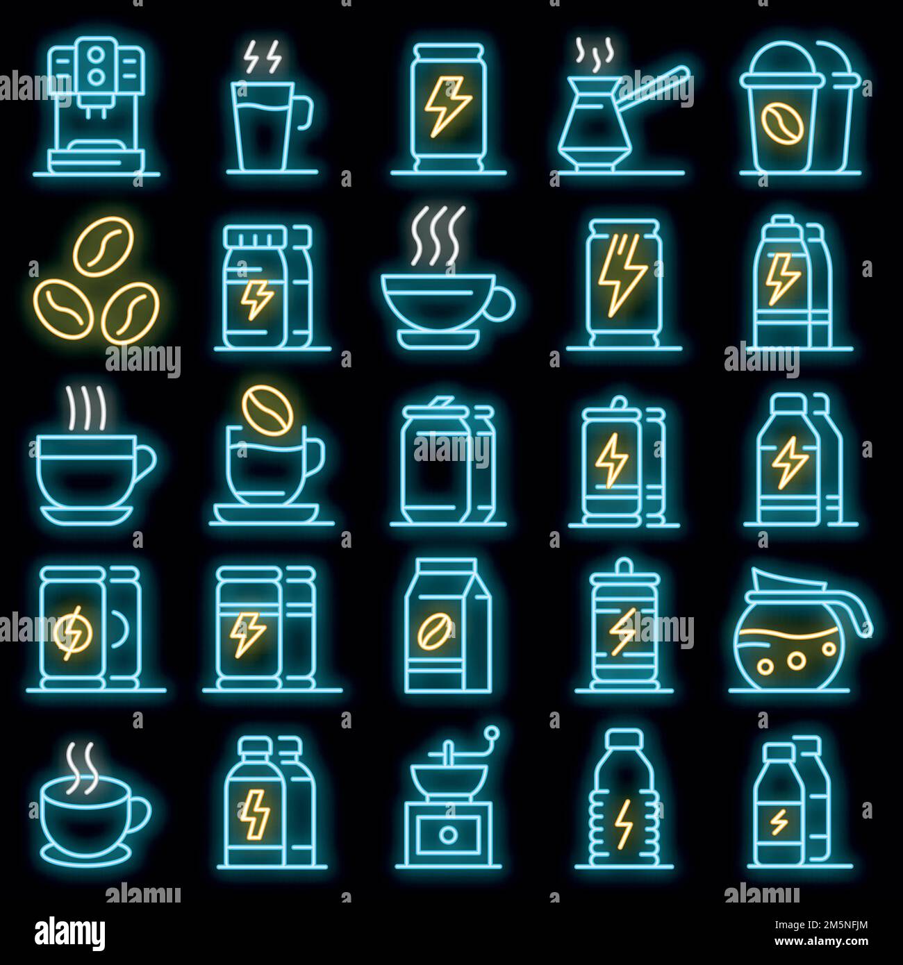 Set di icone per bevande energetiche. Contorno insieme di icone vettoriali di bevande energetiche colore neon su nero Illustrazione Vettoriale