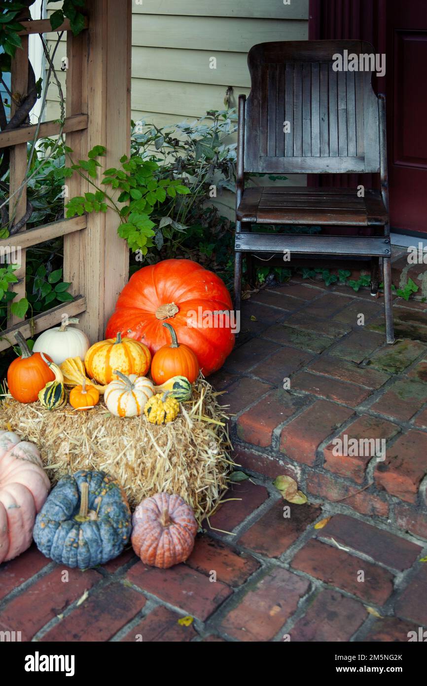 Sedia vuota su Porch con zucche durante Halloween / autunno Foto Stock