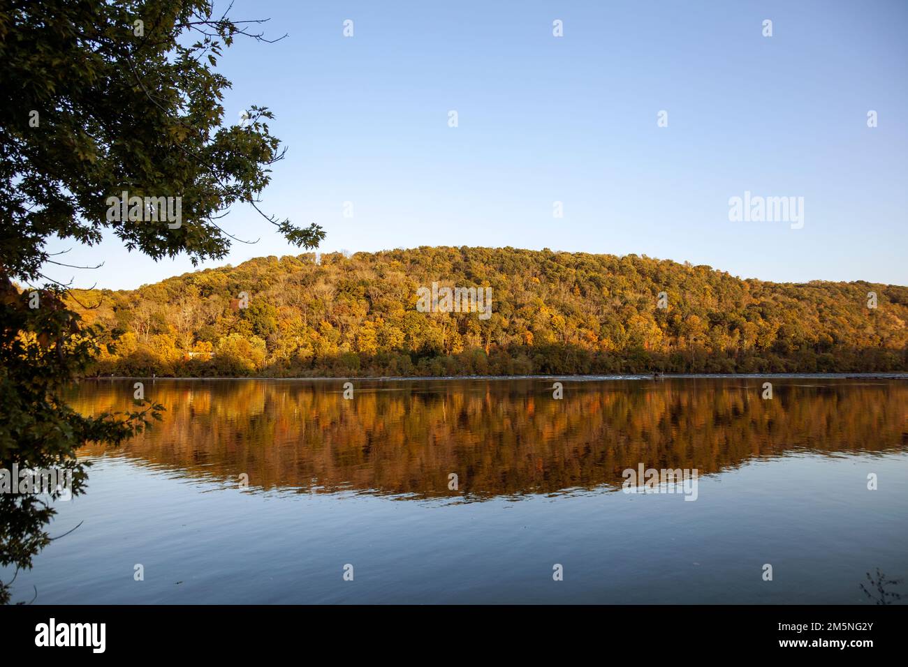 Paesaggio autunnale riflesso nel fiume Delaware, guardando dalla Pennsylvania al New Jersey - USA Foto Stock