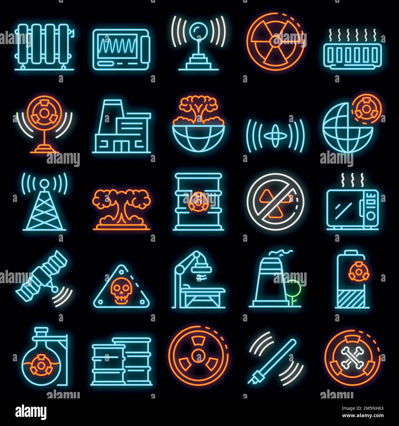 Set di icone di radiazione. Contorno insieme di icone vettoriali di radiazione colore neon su nero Illustrazione Vettoriale