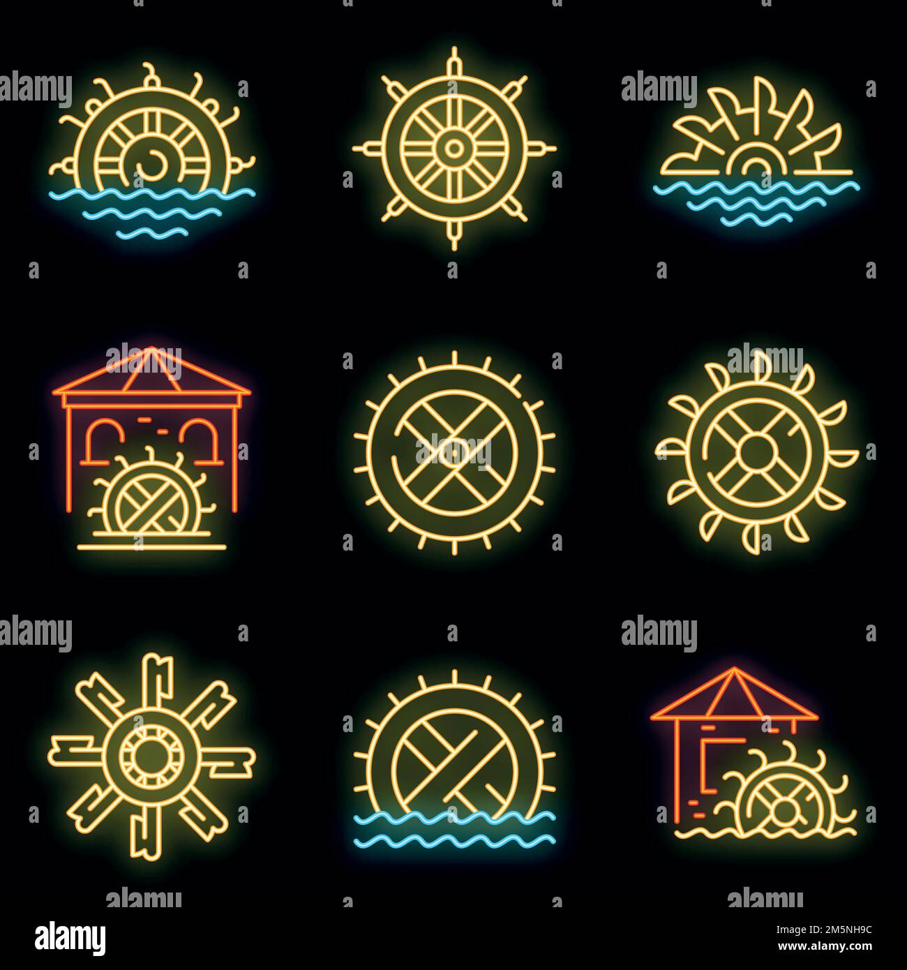 Set di icone mulino ad acqua. Contorno insieme di icone vettoriali mulino ad acqua colore neon su nero Illustrazione Vettoriale