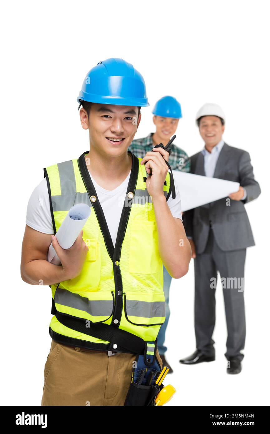 La gente ha portato il luogo di costruzione di colloquio di walkie-talkie Foto Stock