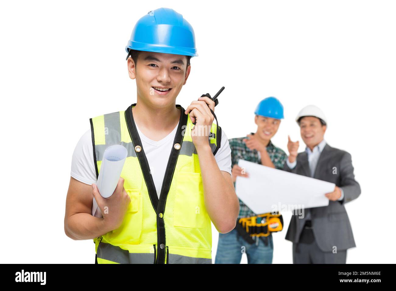 La gente ha portato il luogo di costruzione di colloquio di walkie-talkie Foto Stock