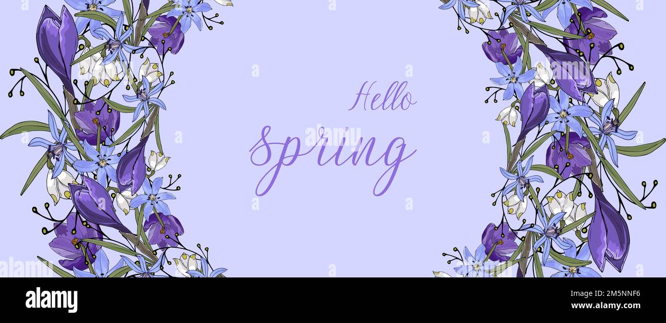 Ciao primavera banner blu wreath doodle fiori, crocus e gocce di neve disegnati a mano. Illustrazione vettoriale Illustrazione Vettoriale