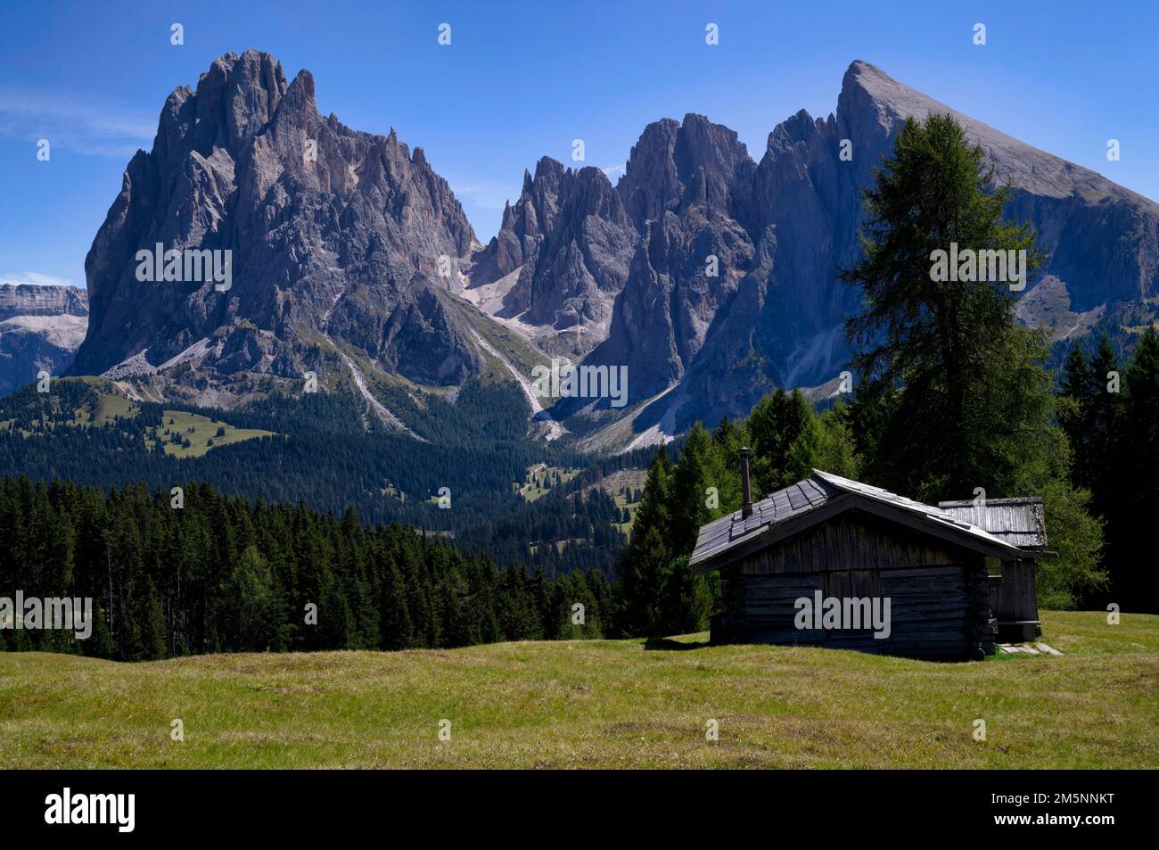 Rifugio di fronte ai monti Langkofel e Plattkofel, Alpe di Siusi, Alto Adige, Italia Foto Stock