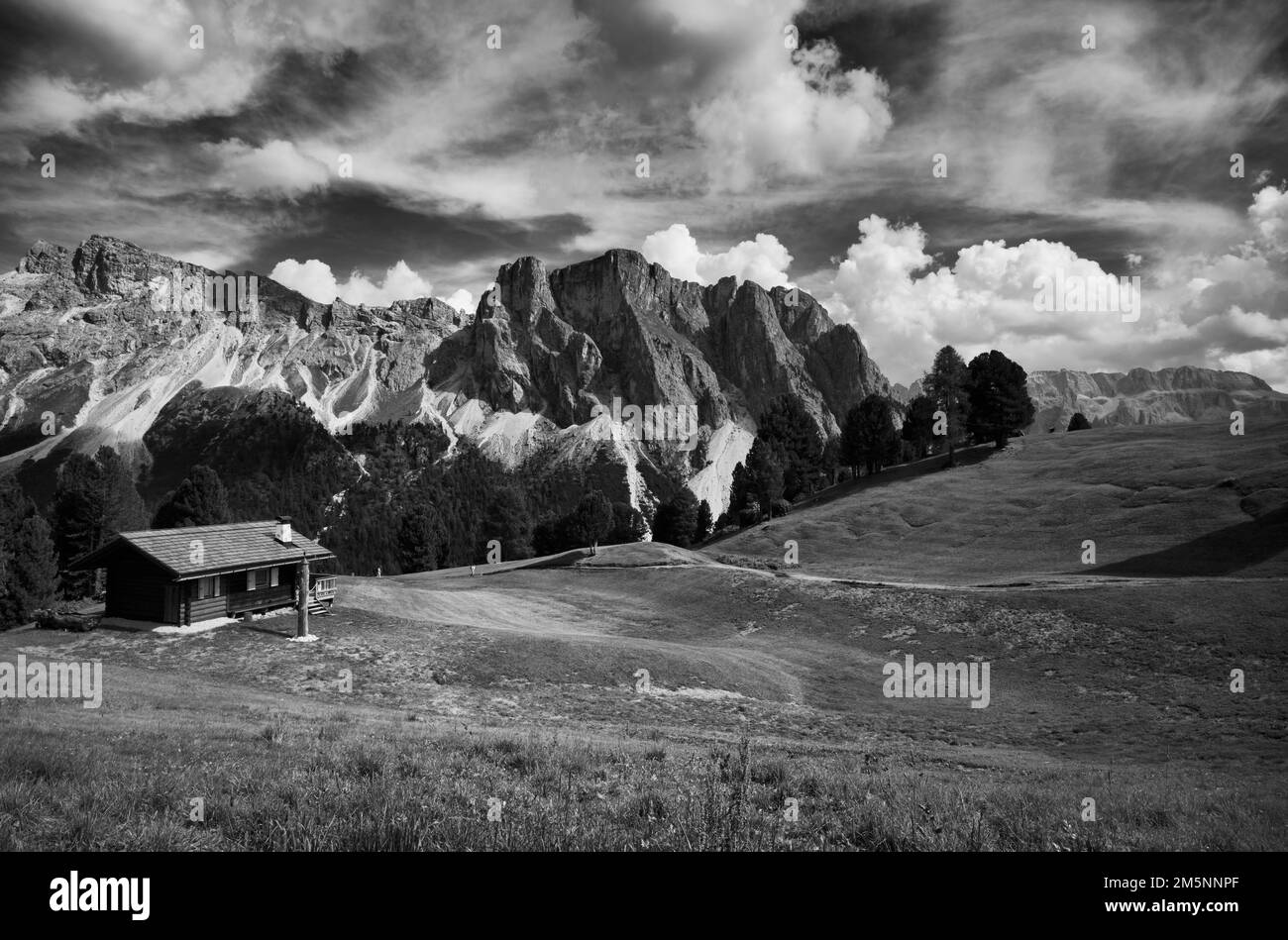 Langkofel e Plattkofel, Val Gardena, Trentino, Alto Adige, Italia Foto Stock