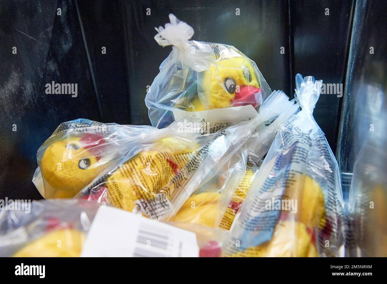 Anatre giocattolo imballate in sacchetti di plastica in un contenitore di trasporto, Amazon Logistik Winsen GmbH, 21423 Winsen, Luhe, bassa Sassonia, Germania Foto Stock