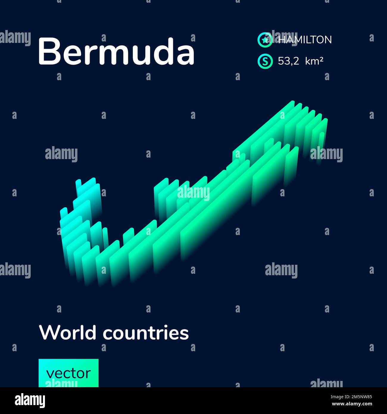 Mappa Bermuda 3D. La mappa vettoriale al neon digitale a righe isometriche stilizzate delle Bermuda è in colori verde e menta sullo sfondo blu scuro Illustrazione Vettoriale
