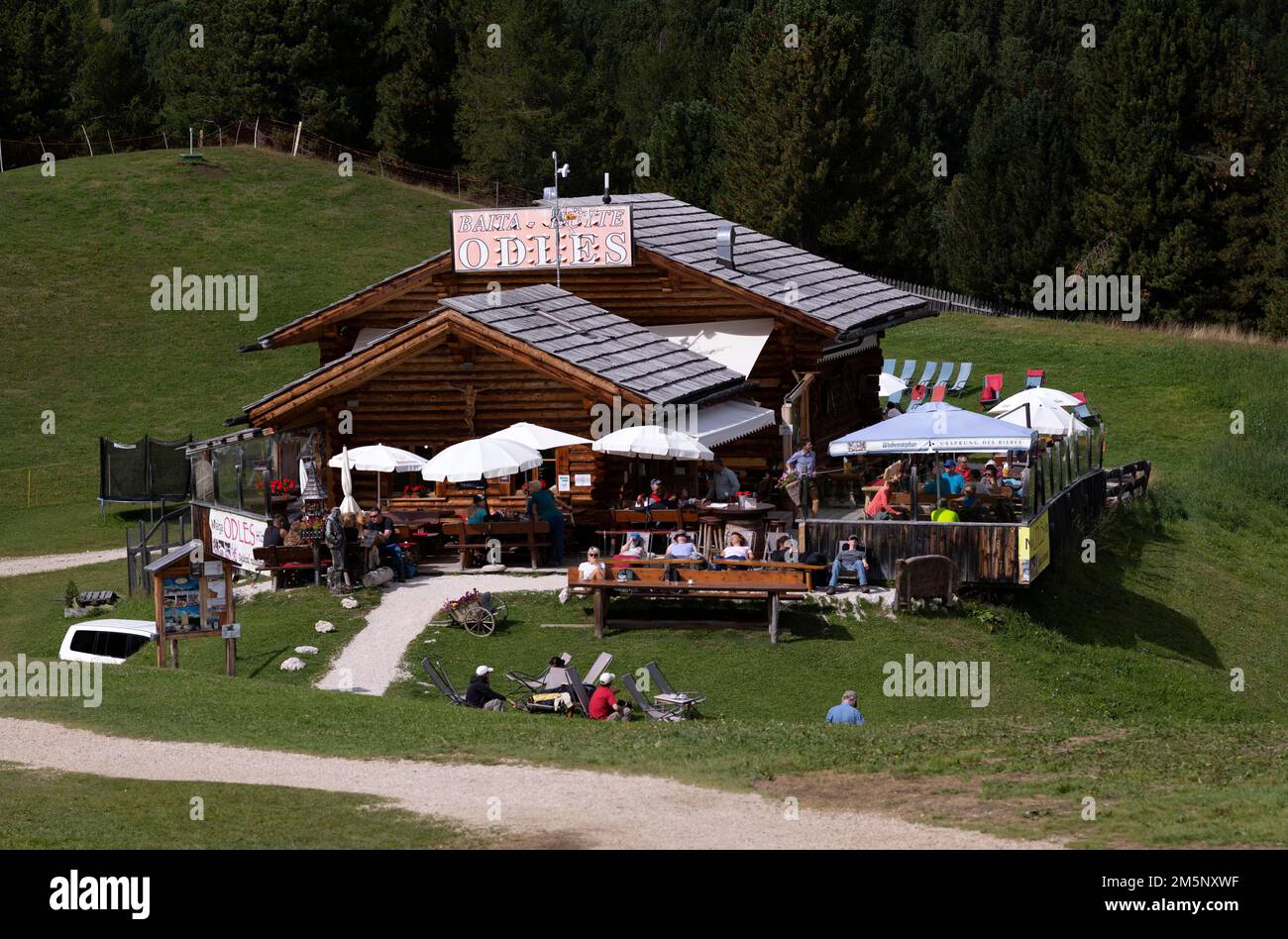 Baita Odles capanna, rifugio alpino, escursionista, Parco Naturale Puez-Odle, Seceda, Val Gardena, Trentino, Alto Adige, Italia Foto Stock