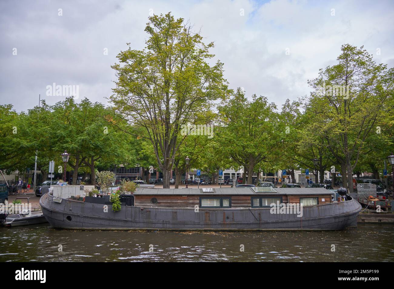 Case galleggianti situate in un canale di Amsterdam Amsterdam Amsterdam, Olanda del Nord, Paesi Bassi Foto Stock