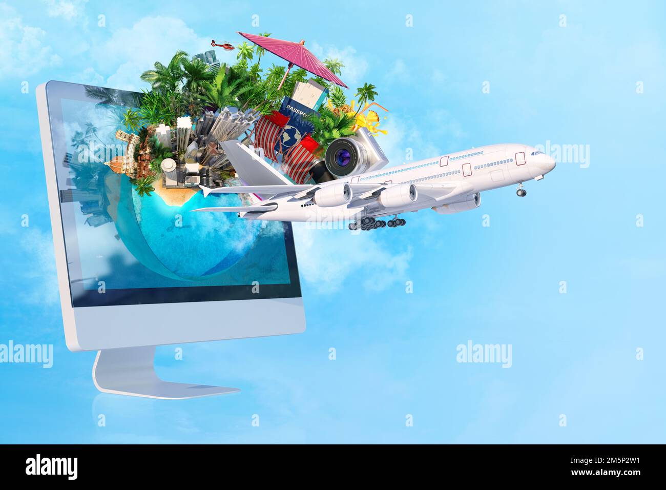 Isola paradiso tropicale con aeroplano, palme, spiaggia di sabbia, acqua blu dell'oceano, grattacieli, articoli estivi. Vacanze, turismo, viaggi, relax, ho Foto Stock