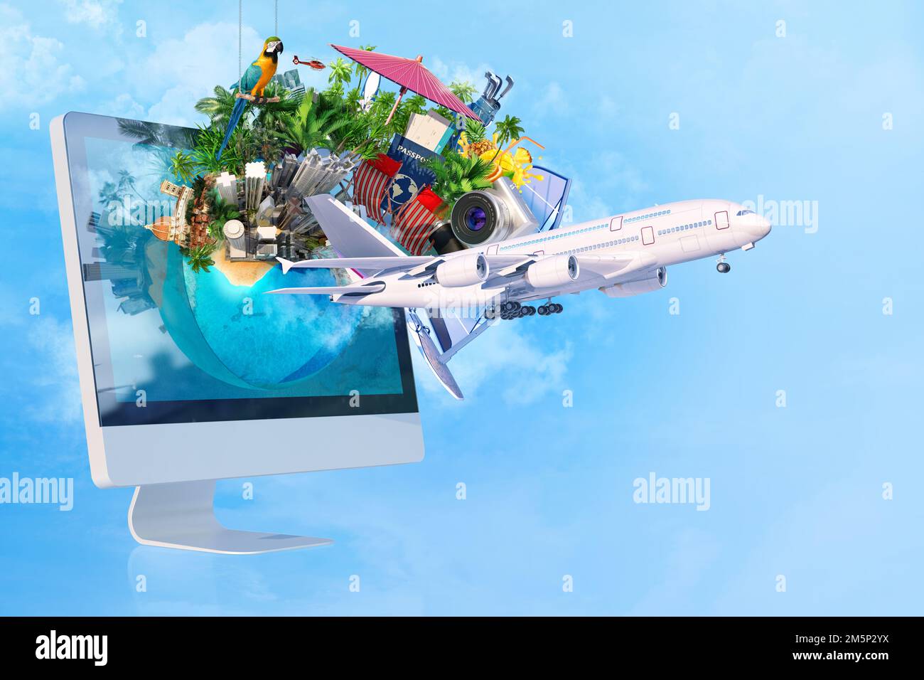 Isola paradiso tropicale con aeroplano, palme, spiaggia di sabbia, acqua blu dell'oceano, grattacieli, articoli estivi. Vacanze, turismo, viaggi, relax, ho Foto Stock