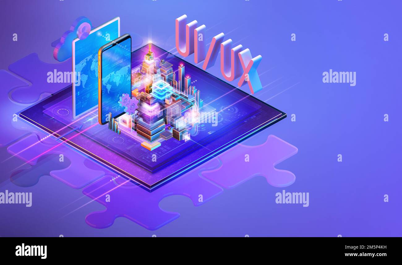 Interfaccia isometrica del sito internet background 3D design, landing page modello concetto. UI/UX, web design, sviluppo di app mobili, accessibilità dell'interfaccia utente Foto Stock