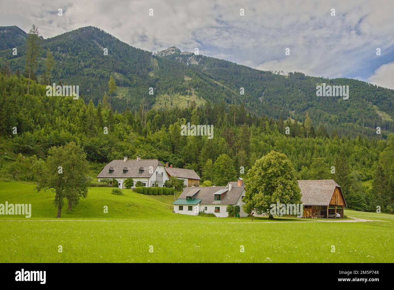 Una fattoria nella campagna alpina in mezzo alle montagne, Austria Foto Stock