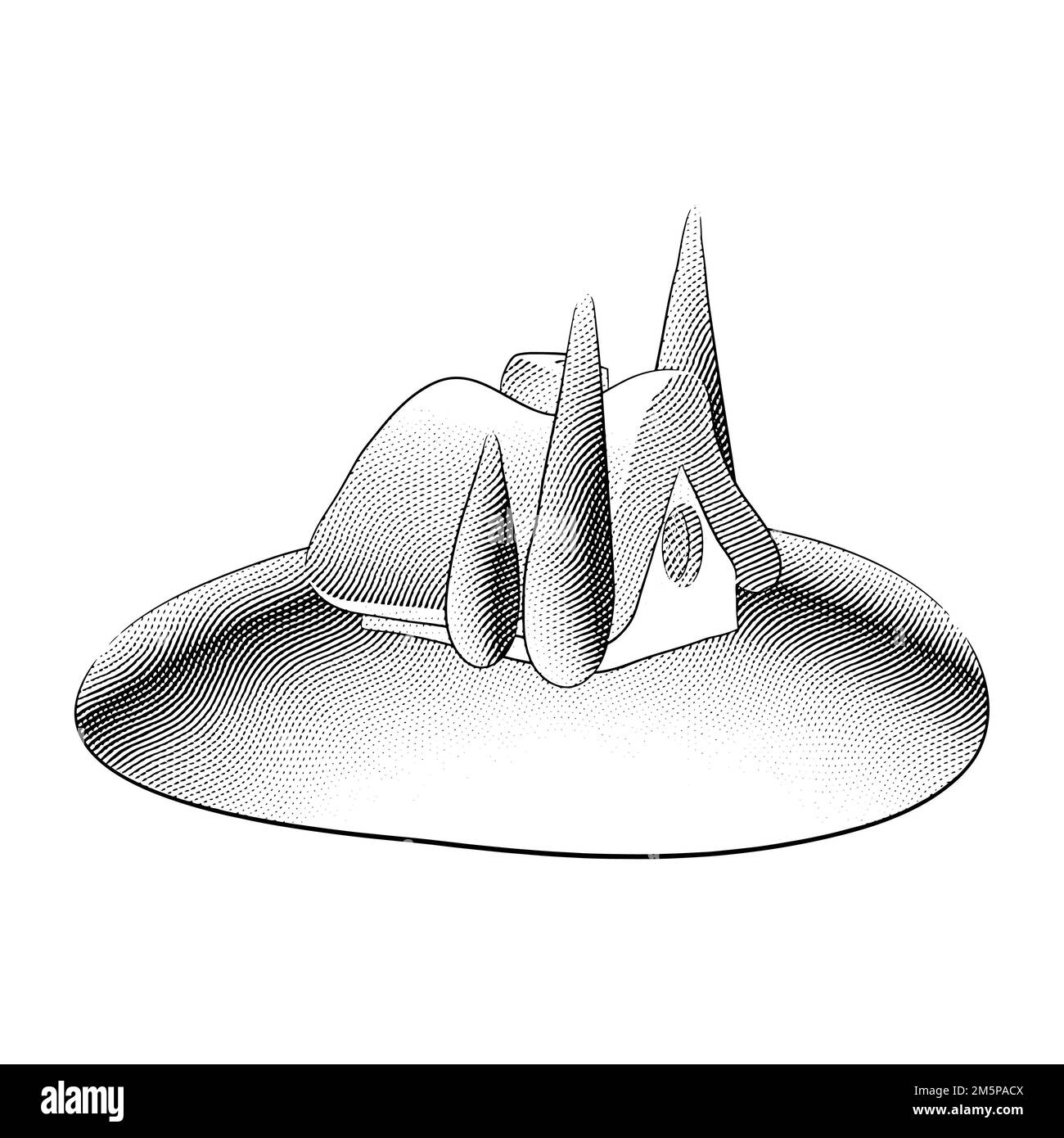 Illustrazione di Scricchboard incisa casa fiabesca in un giardino con alberi alti Foto Stock