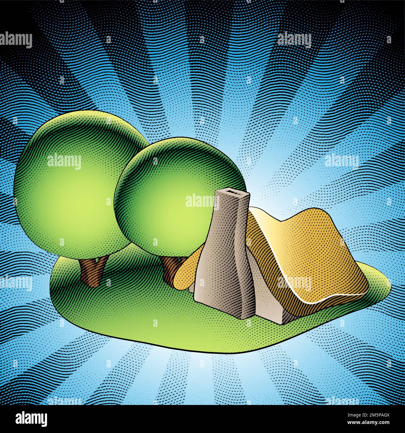 Illustrazione di Scricchboard incisa casa fiabesca in un giardino verde con alberi rotondi su sfondo a strisce Foto Stock