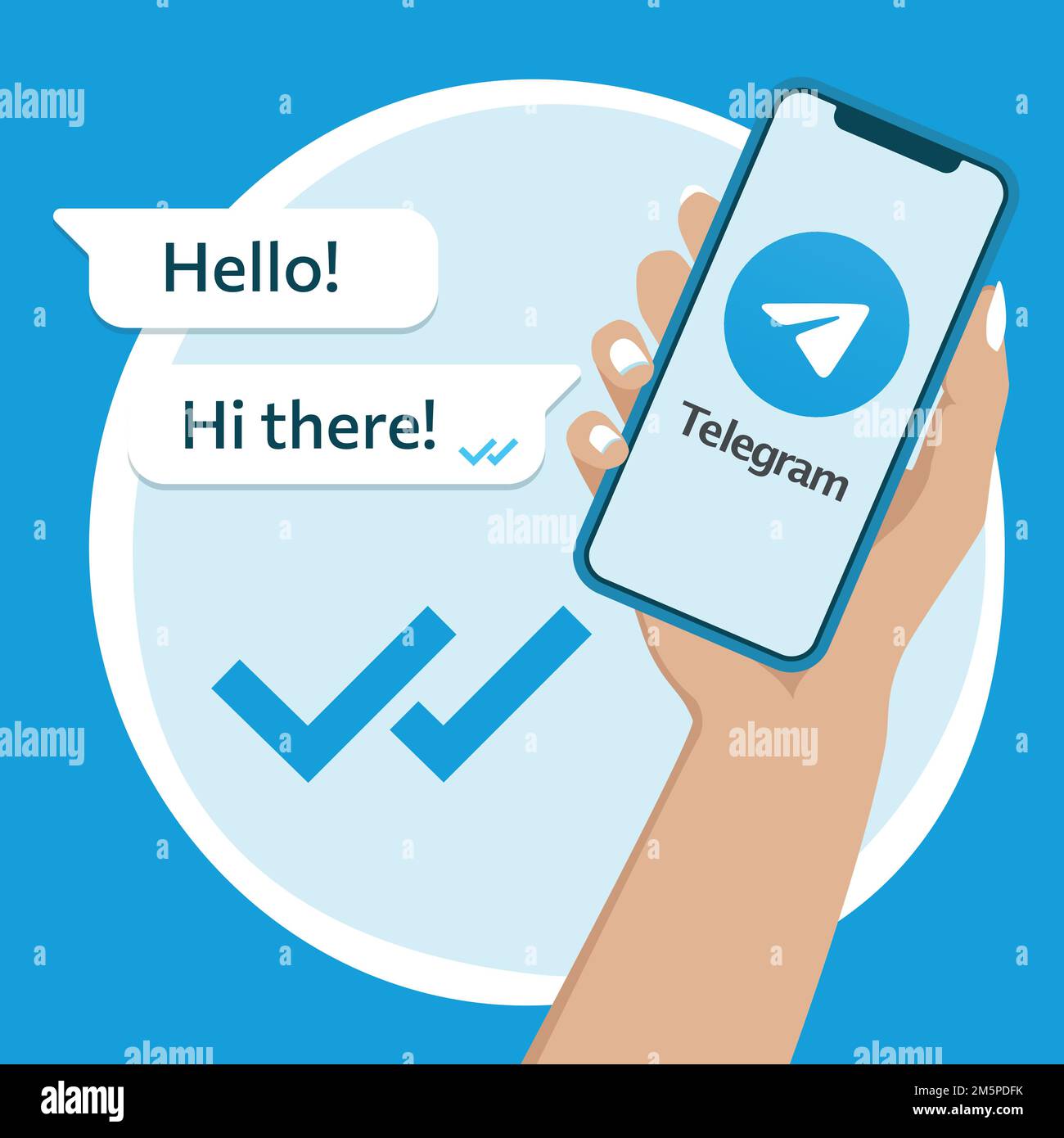 Mano di donna che tiene smartphone con schermo di chat telegramma. Concetto di doppio controllo. Illustrazione vettoriale. Colori piatti. Illustrazione Vettoriale