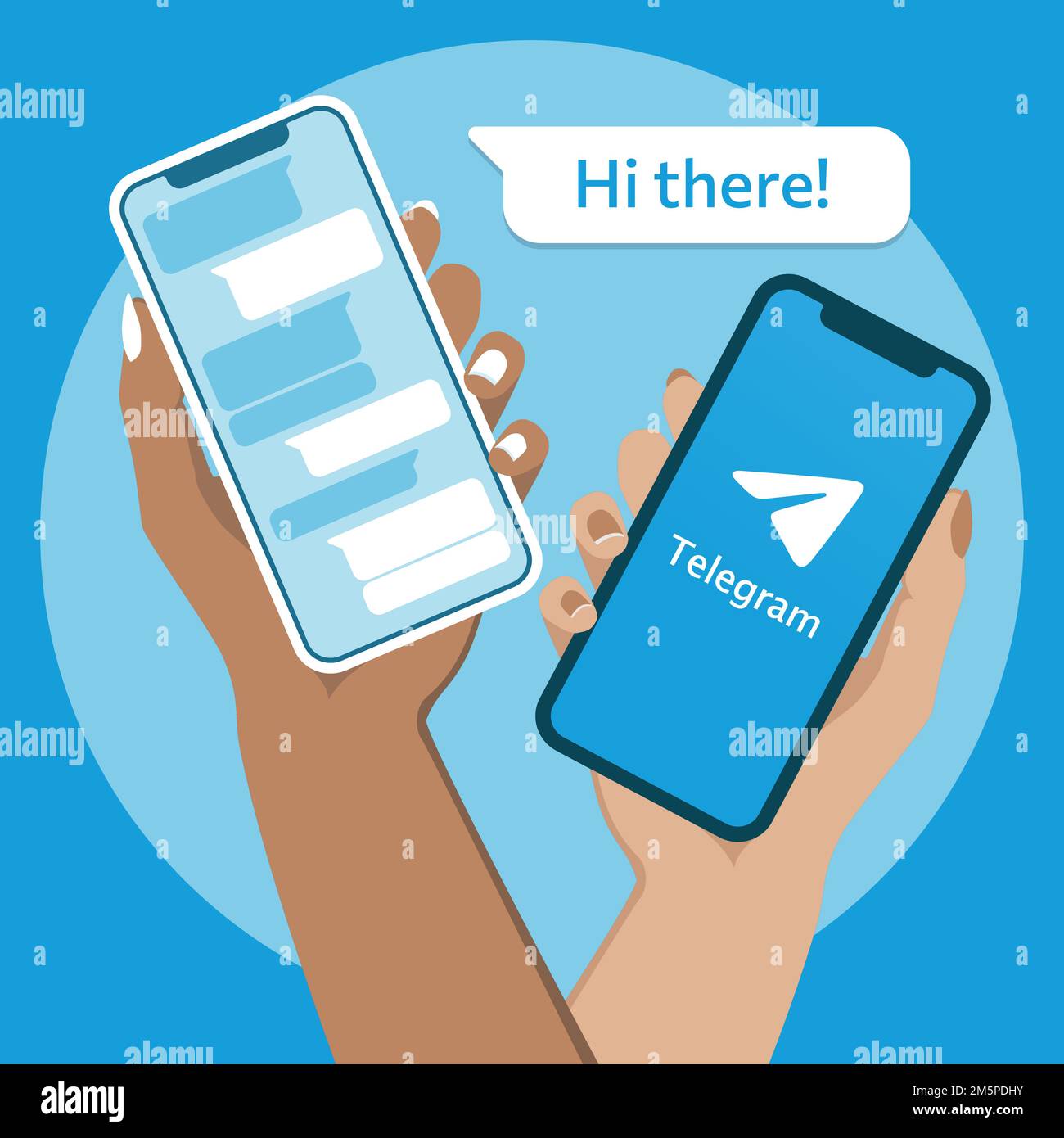 Due mani di una donna che tiene in mano smartphone con la schermata di chat dell'app Telegram. Illustrazione vettoriale. Colori piatti. Illustrazione Vettoriale