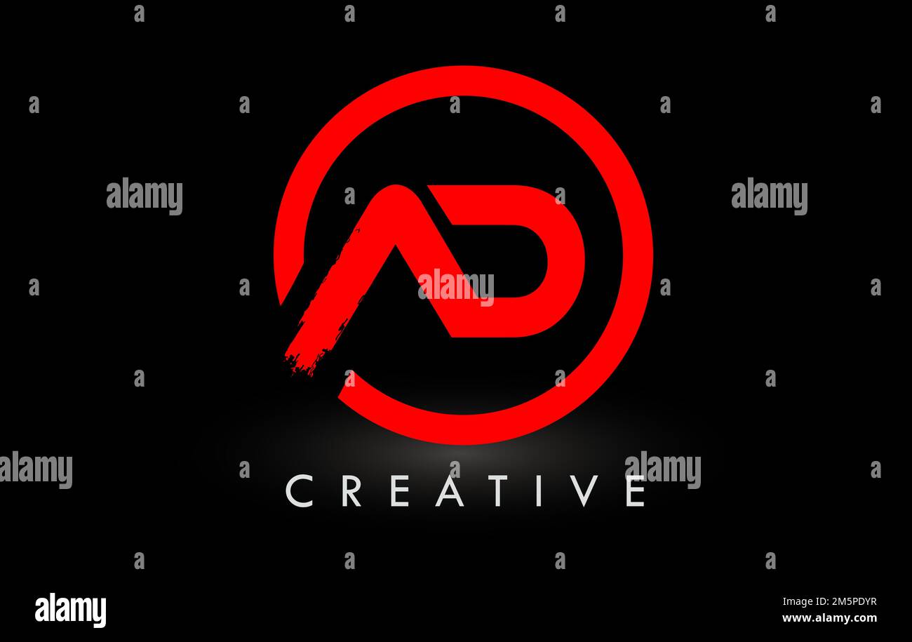 Logo a pennello rosso ad con cerchio. Logo dell'icona lettere spazzate creative. Illustrazione Vettoriale