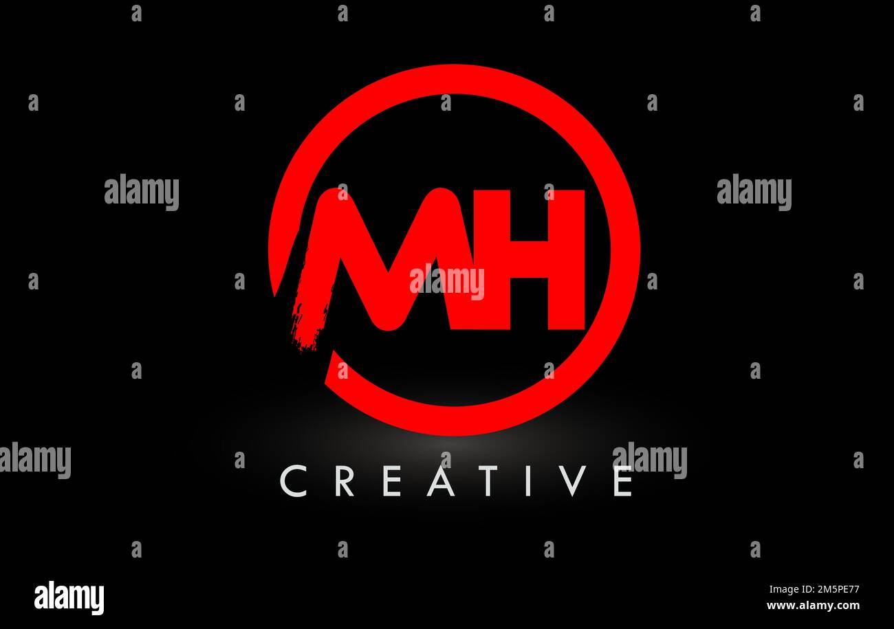 Lettera MH con logo e cerchio rosso. Logo dell'icona lettere spazzate creative. Illustrazione Vettoriale
