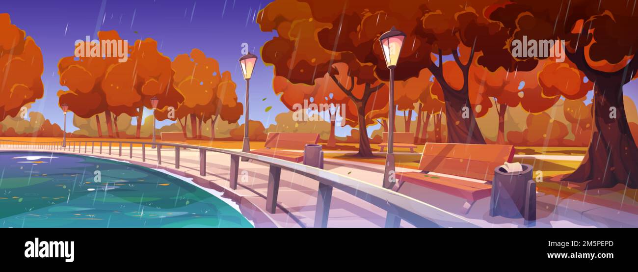 Paesaggio autunnale con lago, argine, panchine in legno e alberi con foglie d'arancio sotto la pioggia. Passeggiata vuota, banchina del fiume con balaustra e lant Illustrazione Vettoriale