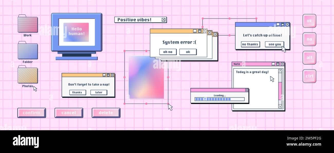 Interfaccia computer retrò, schermo digitale con finestre, pulsanti,  riquadri dei messaggi. Elementi di sistema per pc desktop in stile Y2K,  cartoon vettoriale su rosa ba Immagine e Vettoriale - Alamy