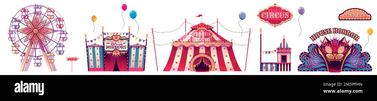 Fiera del Carnevale, parco divertimenti con tenda da circo, ruota panoramica, casa dell'orrore e sala degli specchi. Tende e attrazioni funfair, biglietteria, segnaletica Illustrazione Vettoriale